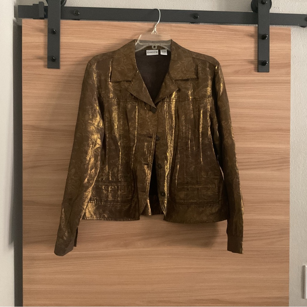 Chico’s short shiny bronze lightweight silk and linen button down shirt/jacket.